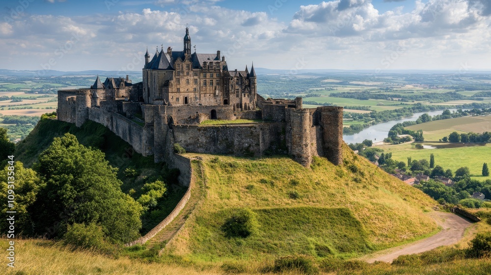 Majestic Medieval Castle on Hilltop Surrounded by Greenery and Open Sky, Overlooking Scenic Valley and River, Capturing Historical Architecture and Nature's Beauty Majestic Medieval Castle on Hilltop Surrounded by Greenery and Open Sky, Overlooking Scenic Valley and River, Capturing Historical Architecture and Nature's Beauty