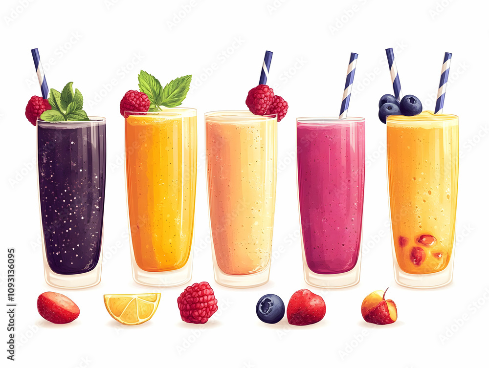 Illustration of Colorful Fruit Smoothies with Berries and Mint Illustration of Colorful Fruit Smoothies with Berries and Mint