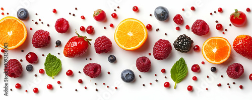 Photo Mixed Berries Orange Slices Strawberry Raspberry Blueberry on White