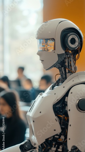 Humanoid robot teacher in hightech college classroom setting