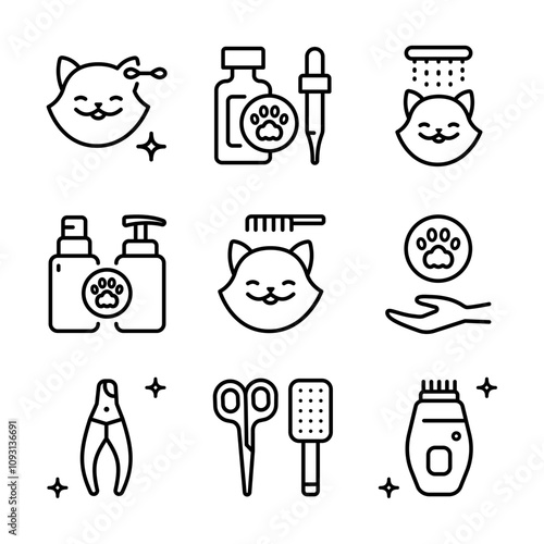 Pet grooming salon outline icons set. Taking care of cats and dogs. Veterinarian services. Simple vector icons for ui and ux, website or mobile application