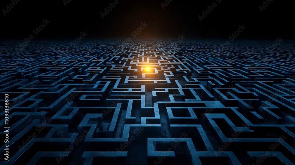 Glowing Exit Light in a Dark Labyrinthine Maze Symbolizing Clarity and Amidst Challenges and Breakthroughs Abstract digital representing the path to enlightenment Glowing Exit Light in a Dark Labyrinthine Maze Symbolizing Clarity and Amidst Challenges and Breakthroughs Abstract digital representing the path to enlightenment