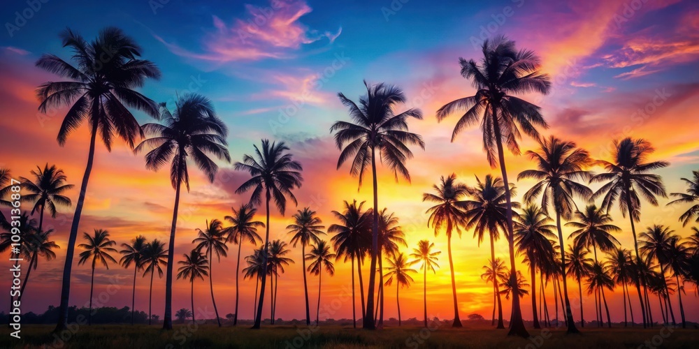 Silhouetted palm trees stand tall against a vibrant sunset sky, casting long shadows across a field of lush green grass Silhouetted palm trees stand tall against a vibrant sunset sky, casting long shadows across a field of lush green grass