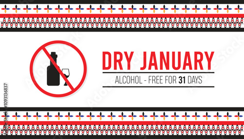 Dry January. Alcohol-free challenge for one month. Vector template for banner, greeting card, poster , T shirt  with background.