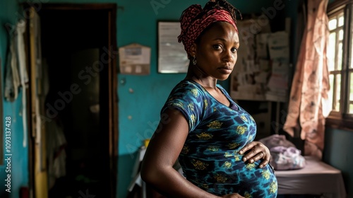 Expectant Mother Posing with Confidence in Bright Room, Emphasizing Pregnancy Glow and Natural Beauty in Vibrant Setting with Personal Touch photo