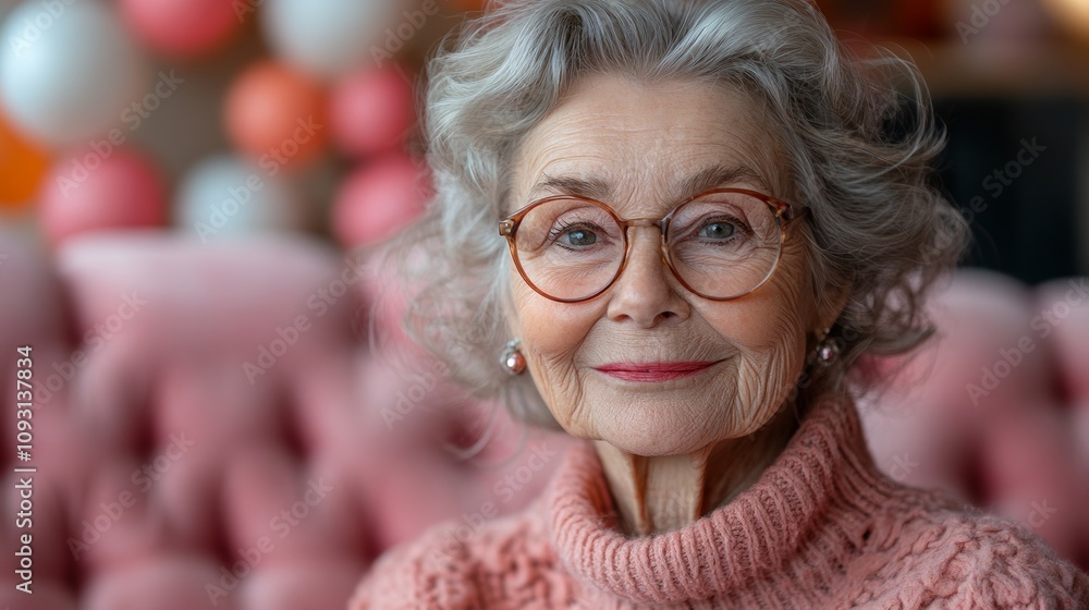 Woman with glasses and a pink sweater is smiling. She is sitting on a couch. The couch is pink and has a pattern Woman with glasses and a pink sweater is smiling. She is sitting on a couch. The couch is pink and has a pattern
