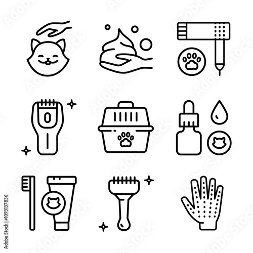 Pet grooming salon outline icons set. Taking care of cats and dogs. Veterinarian services. Simple vector icons for ui and ux, website or mobile application