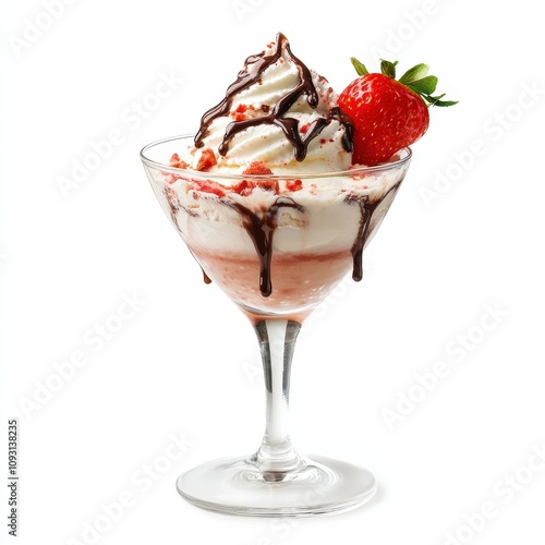 A delicious ice cream sundae in a glass cup, topped with whipped cream, sprinkles, a cherry, and a strawberry. The sundae has multiple flavors and is visually appealing with colorful toppings.