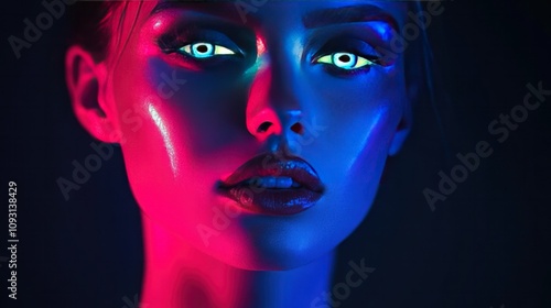 Neon-lit close-up portrait with dramatic lighting and glowing accents, set against a dark studio backdrop