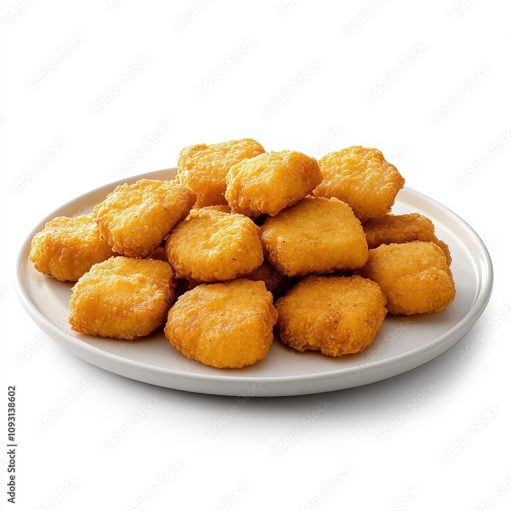 A plate filled with golden-brown, crispy chicken nuggets. The nuggets are uniformly shaped and appear appetizing, suggesting they are freshly cooked and ready to eat.