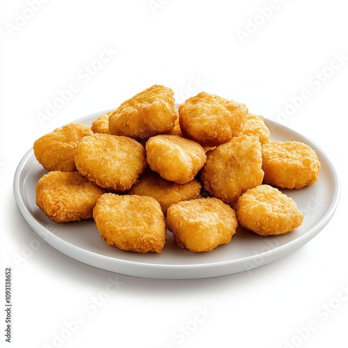 A plate filled with golden-brown, crispy chicken nuggets. The nuggets are uniformly shaped and appear appetizing, suggesting they are freshly cooked and ready to eat.