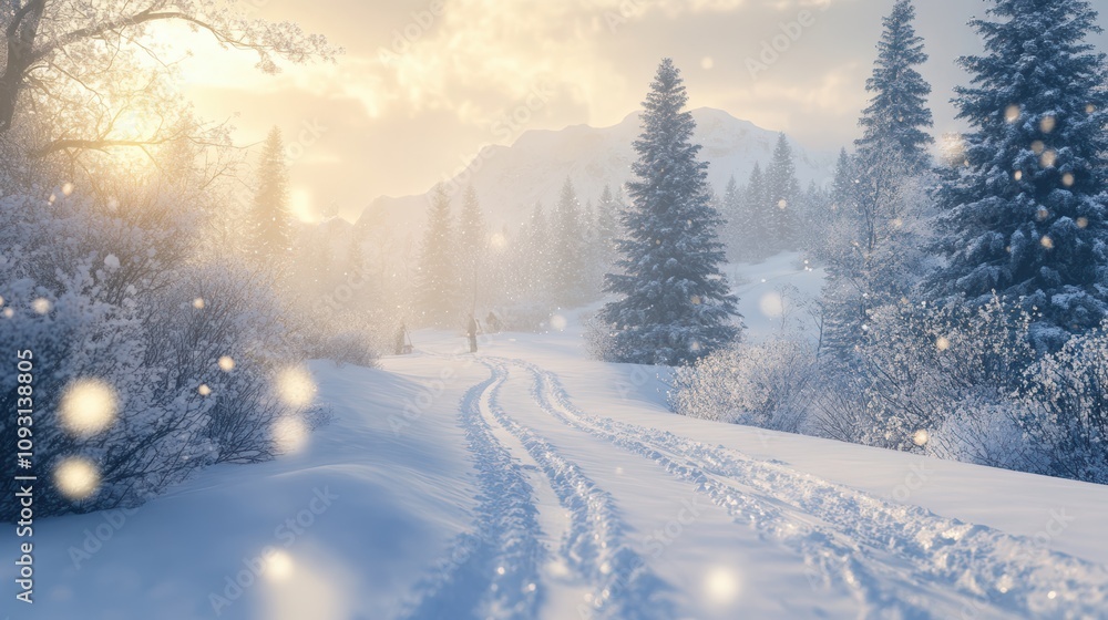 Winter mountain landscape with sled tracks and pine forests Winter mountain landscape with sled tracks and pine forests