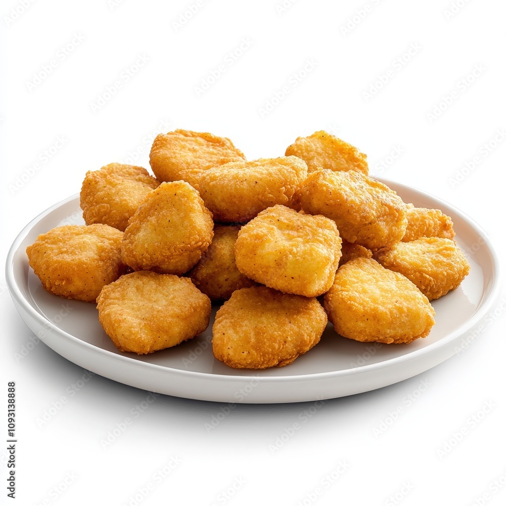 A plate filled with golden-brown, crispy chicken nuggets. The nuggets are uniformly shaped and appear appetizing, suggesting they are freshly cooked and ready to eat. A plate filled with golden-brown, crispy chicken nuggets. The nuggets are uniformly shaped and appear appetizing, suggesting they are freshly cooked and ready to eat.