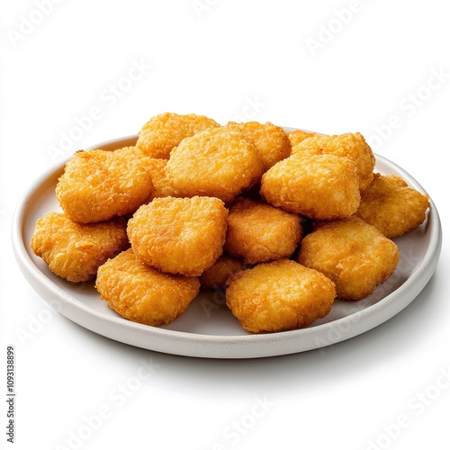 A plate filled with golden-brown, crispy chicken nuggets. The nuggets are uniformly shaped and appear appetizing, suggesting they are freshly cooked and ready to eat.