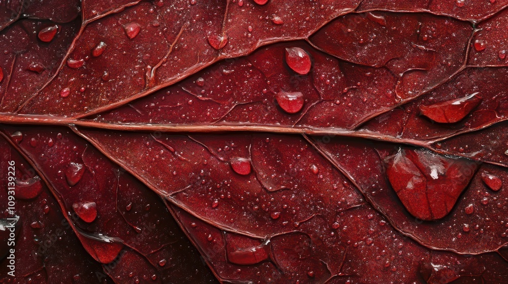 Obraz premium Closeup of raindrops on a red leaf nature photography outdoor macro view natural beauty