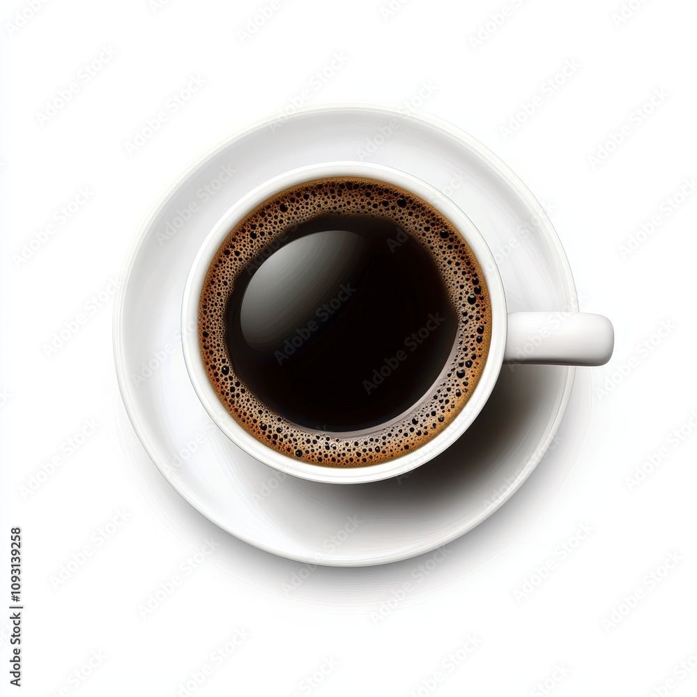 A white cup filled with black coffee on a matching saucer, viewed from above. The coffee has a dark, rich color with a light froth around the edges, creating a visually appealing contrast. A white cup filled with black coffee on a matching saucer, viewed from above. The coffee has a dark, rich color with a light froth around the edges, creating a visually appealing contrast.