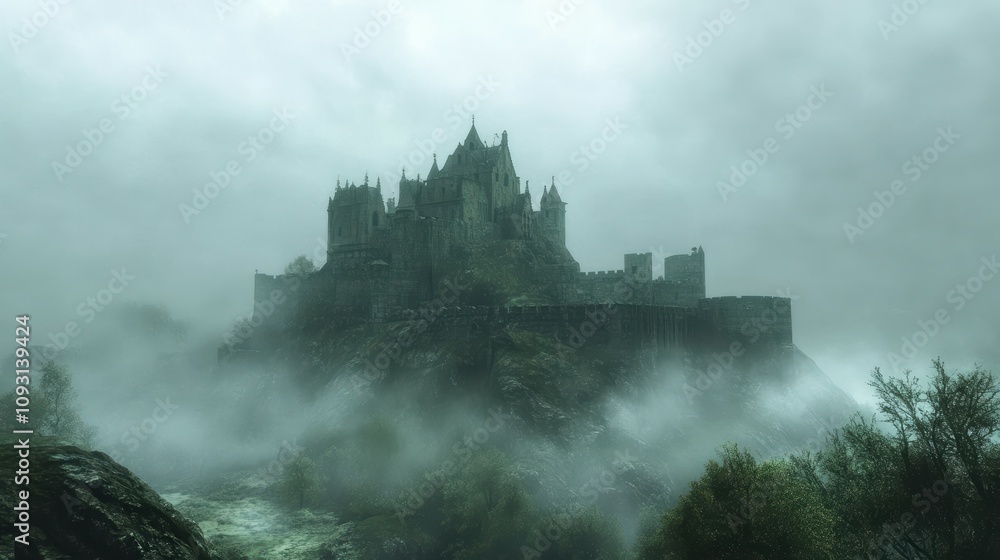Fototapeta premium Eerie fog envelops ancient castle on hill captivating landscape photography mysterious atmosphere dark fantasy concept