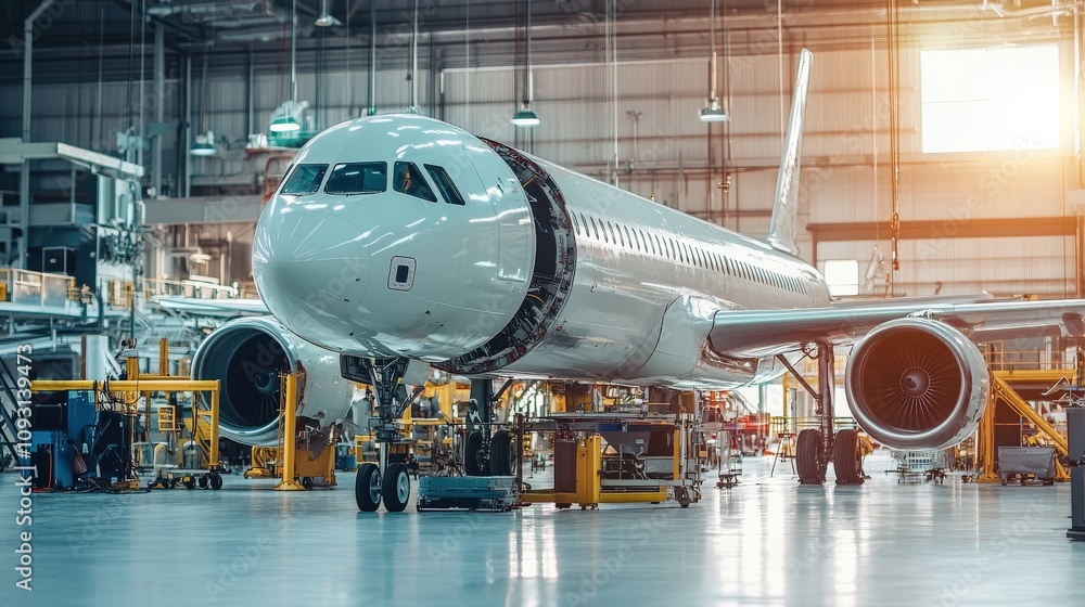 Assembly line in an aerospace facility producing aircraft components