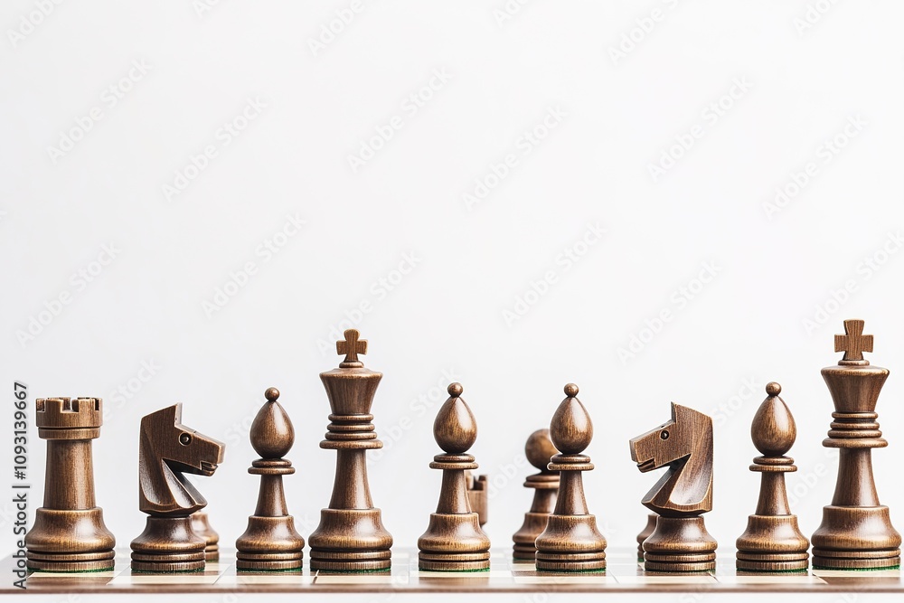 Brown chess pieces in a row on white background Brown chess pieces in a row on white background