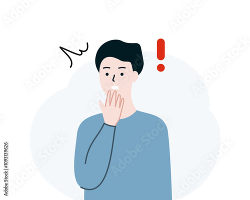 Surprised young man with exclamation mark. Boy shocked with open mouth. Facial expression, reaction, emotion concept. Flat character vector design isolated illustration.