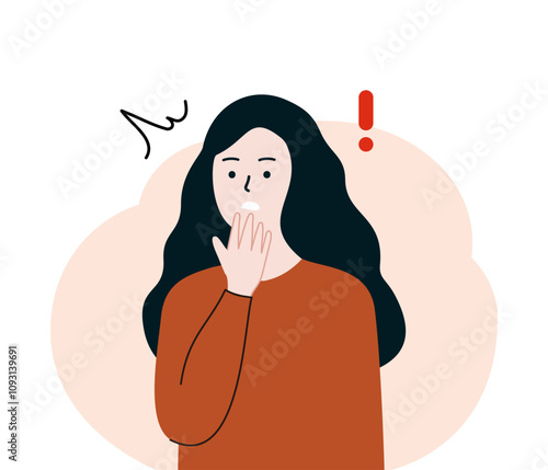 Surprised young woman with exclamation mark. Girl shocked with open mouth. Facial expression, reaction, emotion concept. Flat character vector design isolated illustration.