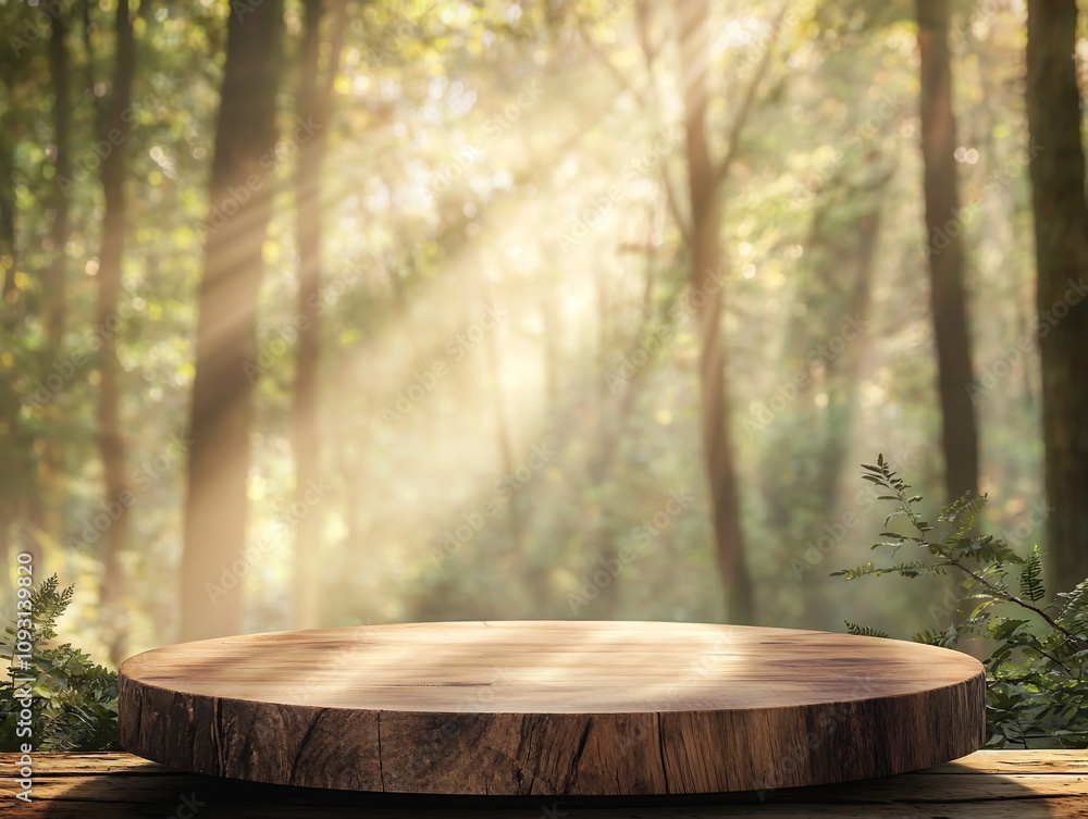 Natural Wooden Podium Set in Glowing Forest Background for Eco Friendly Product Display Natural Wooden Podium Set in Glowing Forest Background for Eco Friendly Product Display