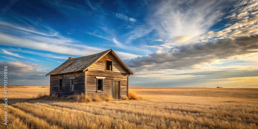 A weathered wooden house stands alone in a field of golden wheat, silhouetted against a dramatic sky with fluffy white clouds. A weathered wooden house stands alone in a field of golden wheat, silhouetted against a dramatic sky with fluffy white clouds.