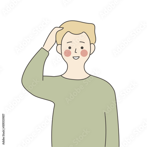 Smiling young boy cartoon character blushing, feeling shy or embarrassed. Hand drawn style vector design illustrations.