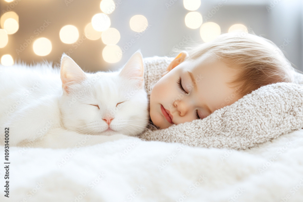 Sleeping baby and cat share a soft cozy blanket. Sleeping baby and cat share a soft cozy blanket.