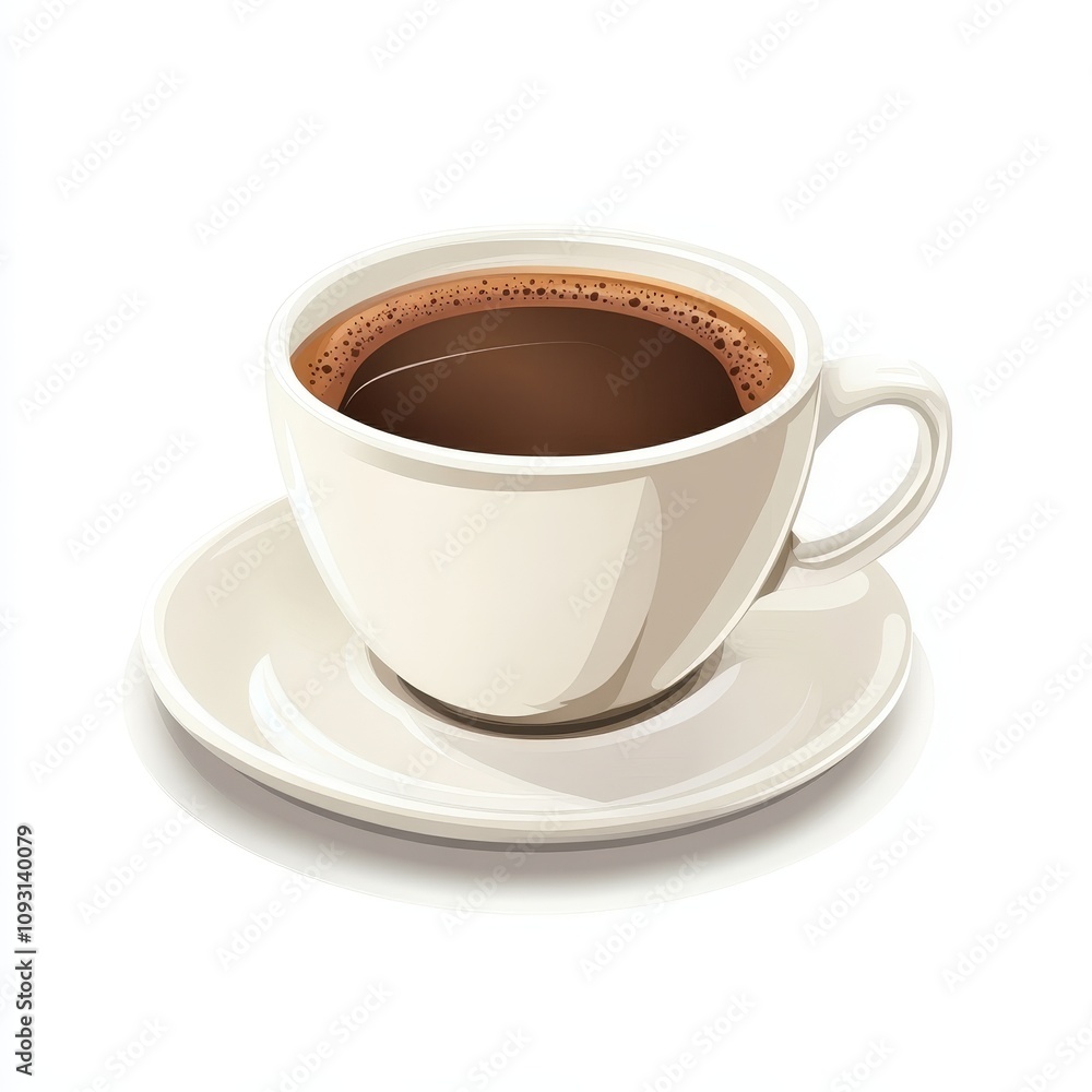 A white ceramic cup filled with hot coffee sits on a matching saucer. The coffee has a rich, dark color with a light layer of froth on top, suggesting it is freshly brewed and inviting. A white ceramic cup filled with hot coffee sits on a matching saucer. The coffee has a rich, dark color with a light layer of froth on top, suggesting it is freshly brewed and inviting.
