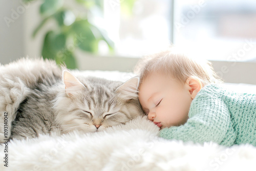 Baby and tabby cat nap together on sunny day. photo