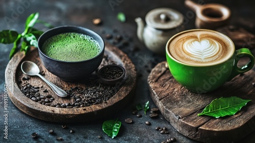 Refreshing Matcha Tea and Beautifully Artisanal Latte on Rustic Wood Serveware Surrounded by Coffee Beans and Green Leaves in a Cozy Setting