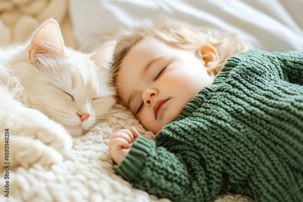 Baby and cat enjoy a calm nap on a knitted blanket Baby and cat enjoy a calm nap on a knitted blanket