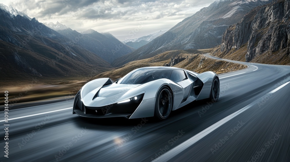 Naklejka premium Sleek sports car racing down mountain road action scene scenic landscape dynamic view for automotive enthusiasts