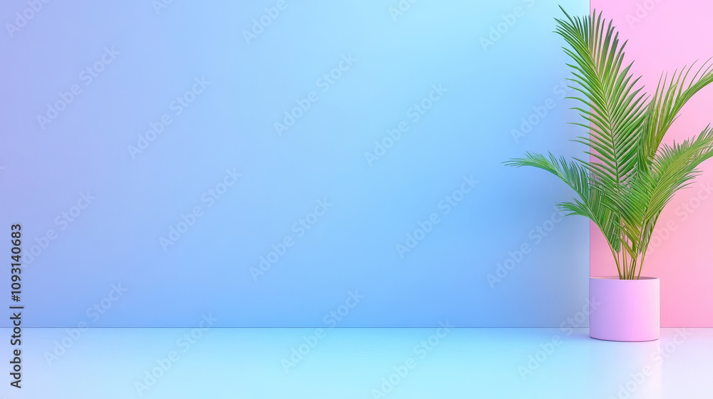 vibrant green potted plant stands against pastel blue and pink gradient wall, creating serene and modern atmosphere vibrant green potted plant stands against pastel blue and pink gradient wall, creating serene and modern atmosphere