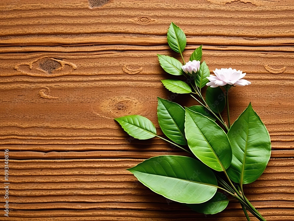 organic leaf arrangement on a woven wood grain fabric texture with intricate floral details, botanical illustrations, wood grain patterns organic leaf arrangement on a woven wood grain fabric texture with intricate floral details, botanical illustrations, wood grain patterns