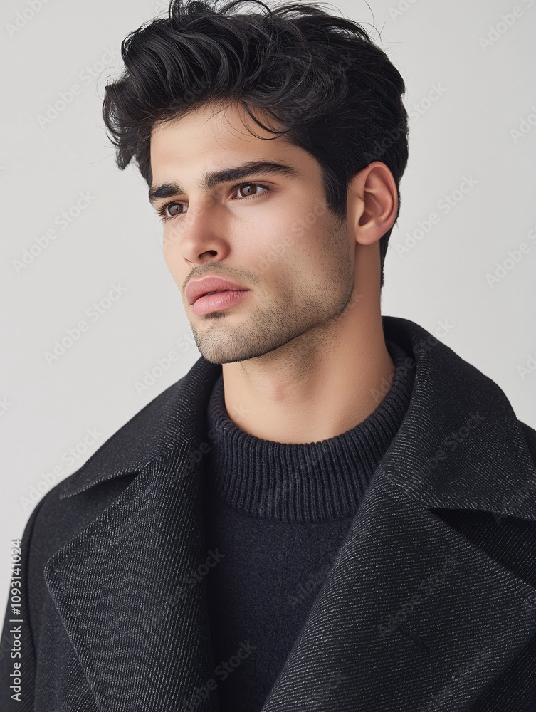 Obraz premium Stylish Male Model with Modern Quiff Hairstyle Showcasing Contemporary Fashion in a Soft Neutral Background Ideal for Men’s Grooming and Fashion Editorials