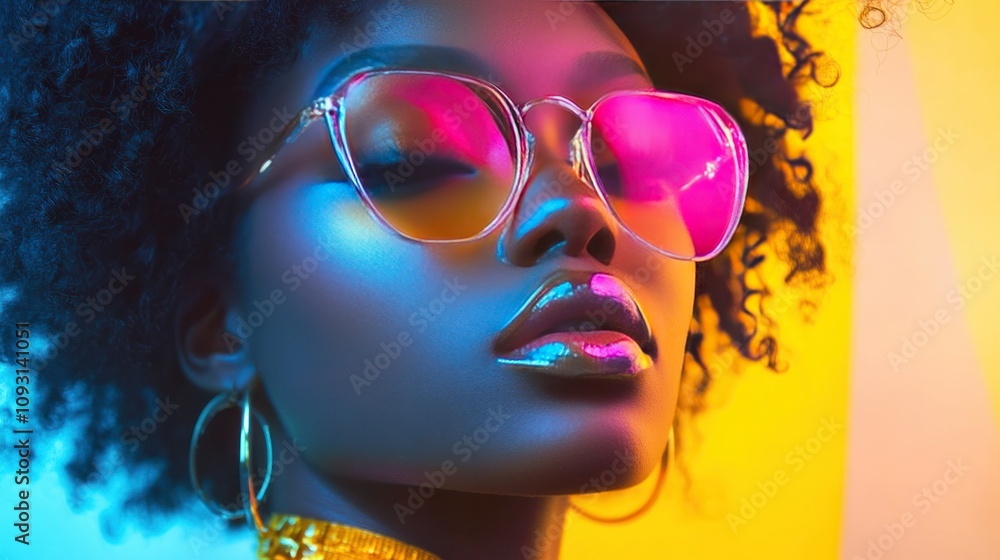 Neon makeup photography in a studio setup, with glowing highlights and contrasting colored lights Neon makeup photography in a studio setup, with glowing highlights and contrasting colored lights