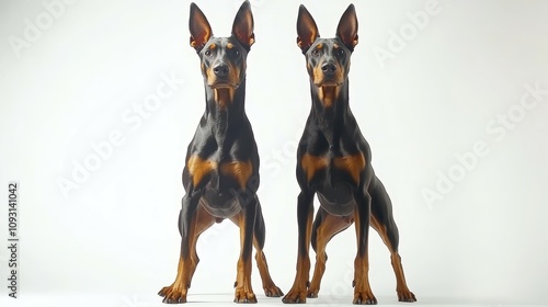 Alert doberman pinschers standing side by side in a studio environment photo