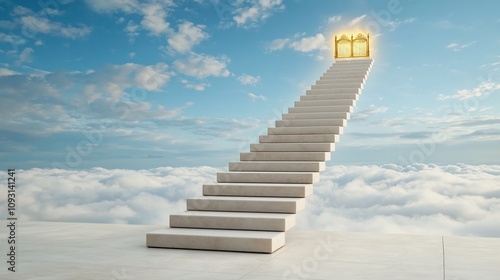 Majestic stairways ascending to golden gates in the clouds illuminated with heavenly light representing serenity spirituality and the journey towards transcendence photo