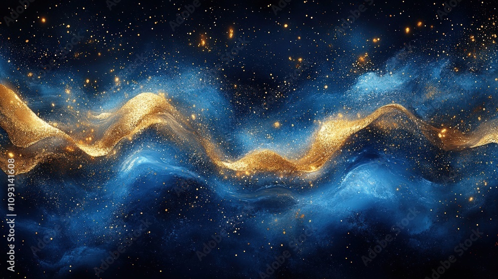 Obraz premium A vibrant cosmic scene with swirling blue and gold patterns resembling a galaxy.