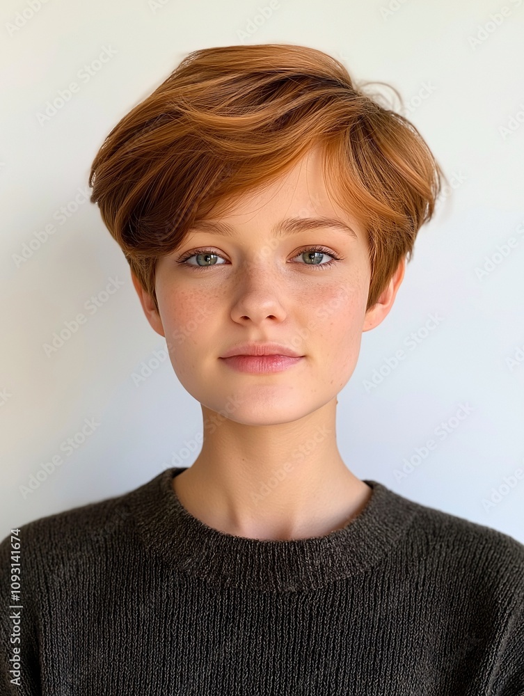 Stylish Female Model with a Layered Pixie Cut and Natural Makeup Posing Against a Neutral Background, Showcasing Trendy Hair and Fresh Appearance Stylish Female Model with a Layered Pixie Cut and Natural Makeup Posing Against a Neutral Background, Showcasing Trendy Hair and Fresh Appearance
