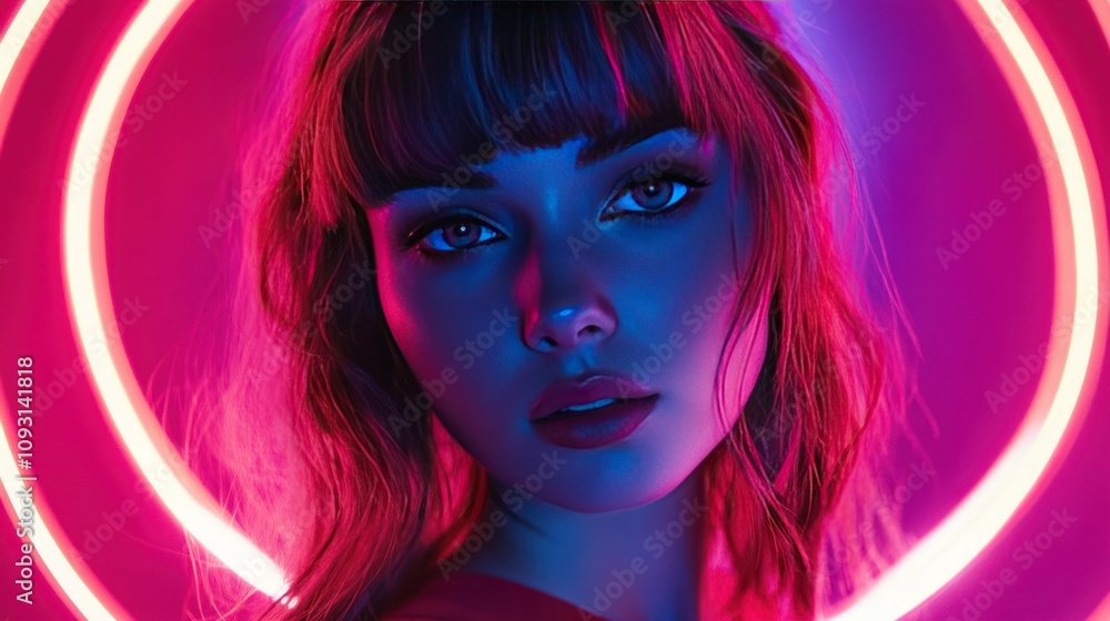 Portrait session with neon lights creating a halo effect, highlighting facial features in a colorful, surreal way Portrait session with neon lights creating a halo effect, highlighting facial features in a colorful, surreal way