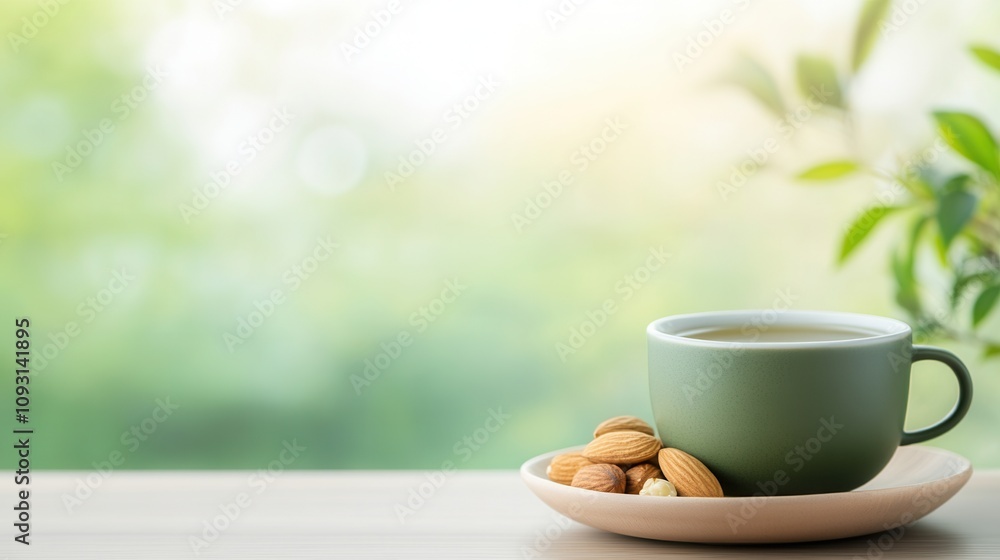 A serene image of a green cup of coffee beside almonds on a plate, set against a soft, blurred natural background. A serene image of a green cup of coffee beside almonds on a plate, set against a soft, blurred natural background.