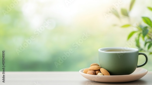 A serene image of a green cup of coffee beside almonds on a plate, set against a soft, blurred natural background.