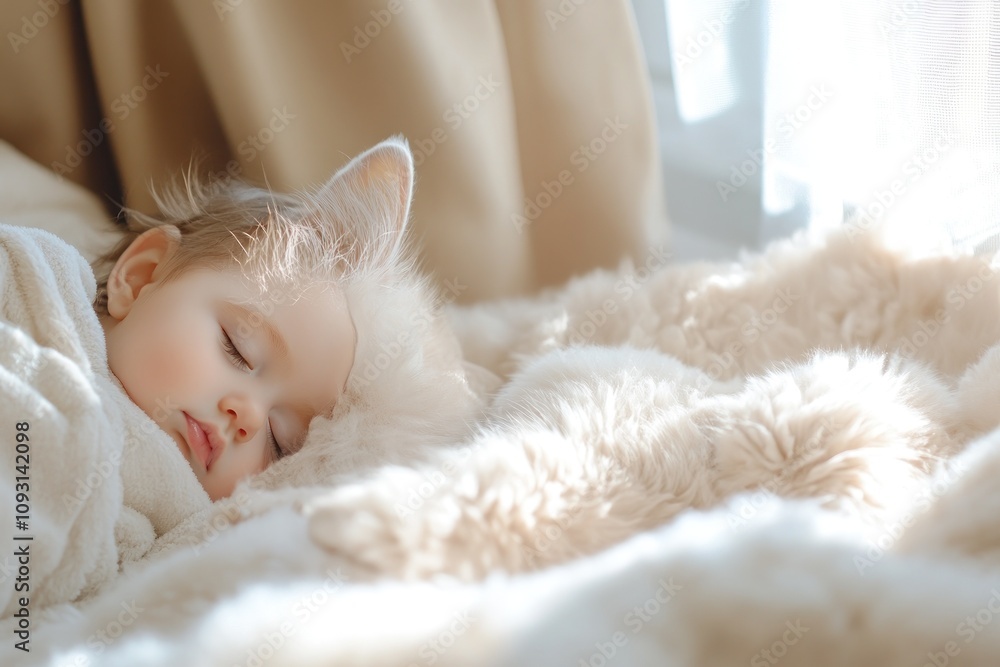 Baby with fluffy bunny ears in serene sleep light. Baby with fluffy bunny ears in serene sleep light.