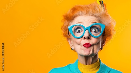 Woman with blue glasses and red lipstick is looking at the camera. The image has a playful and humorous mood, as the woman's appearance is exaggerated and comical