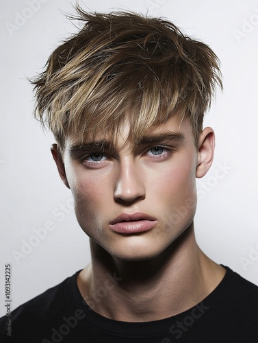 Male Model with Brushed Up Fringe Hairstyle Showcasing a Modern and Trendy Haircut, Perfect for Fashion and Hair Styling Inspirations in Stock Photography photo