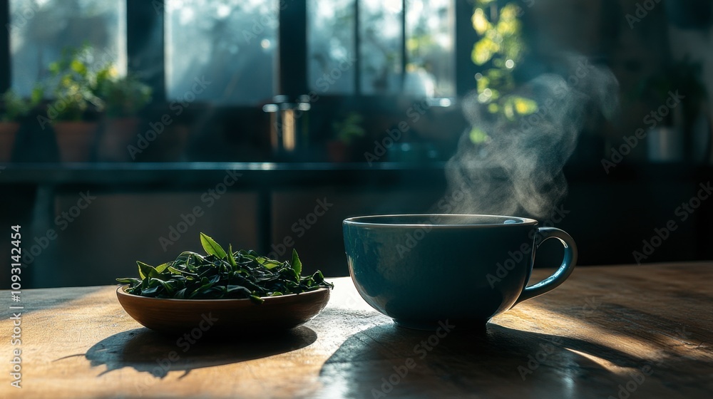 Steaming Cup of Herbal Tea Beside Fresh Green Leaves in a Cozy and Bright Kitchen with Natural Light and Indoor Plants in the Background Steaming Cup of Herbal Tea Beside Fresh Green Leaves in a Cozy and Bright Kitchen with Natural Light and Indoor Plants in the Background