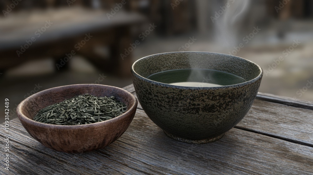 Fresh Green Tea Leaves in a Wooden Bowl with a Cup of Hot Brewed Green Tea on a Rustic Table with Steam Rising in a Serene Natural Setting Fresh Green Tea Leaves in a Wooden Bowl with a Cup of Hot Brewed Green Tea on a Rustic Table with Steam Rising in a Serene Natural Setting